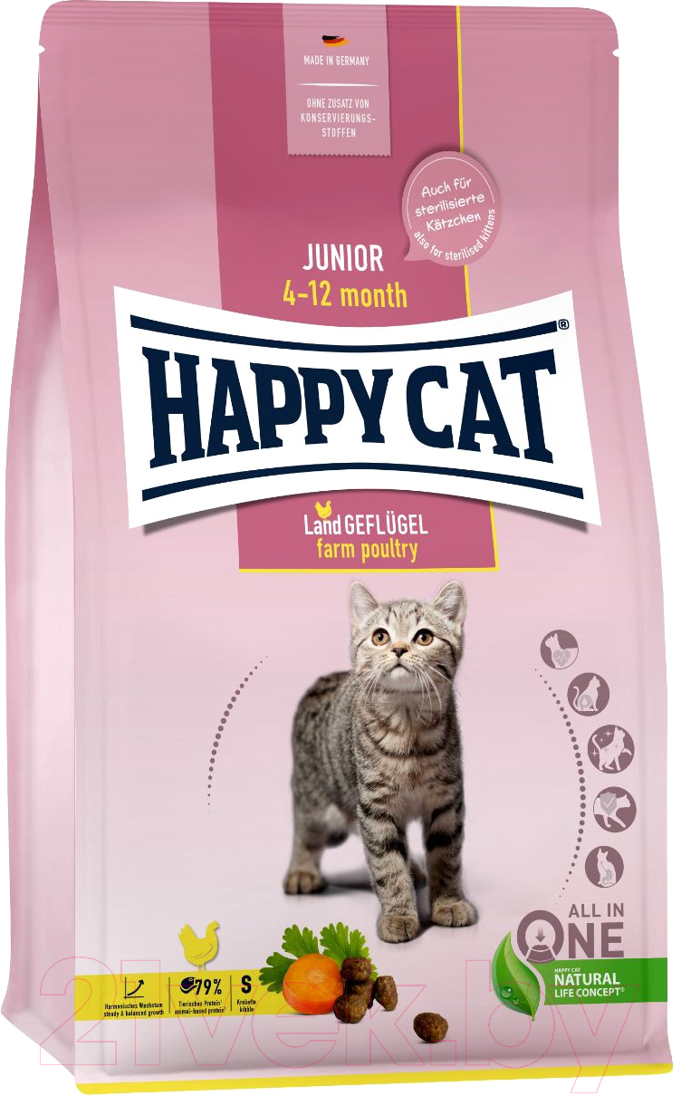 Сухой корм для кошек Happy Cat Junior Land-Geflugel Птица без злаков / 70541