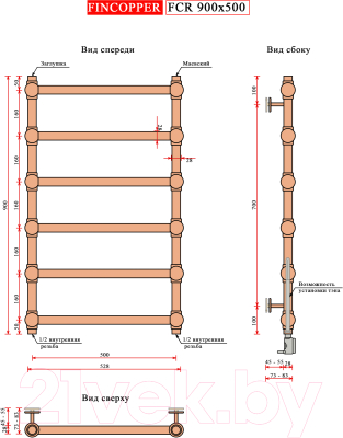 Изображение товара Полотенцесушитель водяной Fincopper FCR 90x50 Ral 9016 (нижнее подключение, белый)