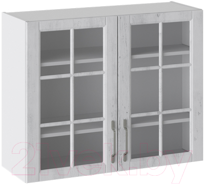 Шкаф навесной для кухни ТриЯ Прованс со стеклом В_72-90_2ДРс (белый глянец/санторини светлый)