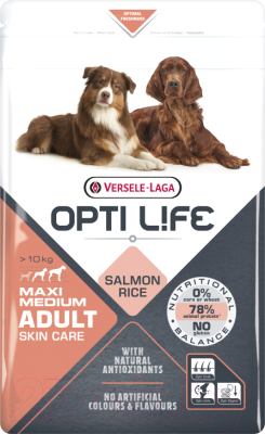 

Корм для собак Opti Life, Adult Skin Care Medium & Maxi с лососем и рисом / 431068