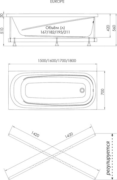 Купить Ванна акриловая Triton Европа 170x70 в Бобруйске