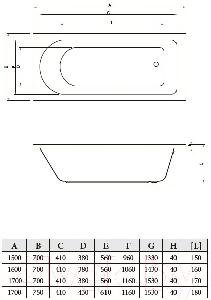 Ванна акриловая Bonito Home Elara 150x70 (с ножками)