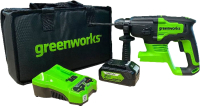 Перфоратор Greenworks GD24SDS2 бесщеточный 2Дж 24V / 3803007UB (c АКБ 4Ач и ЗУ) - 