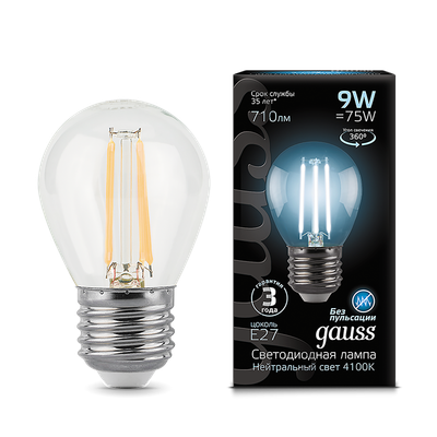 Лампа Gauss Filament Шар 9W 710lm 4100К Е27 / 105802209 -