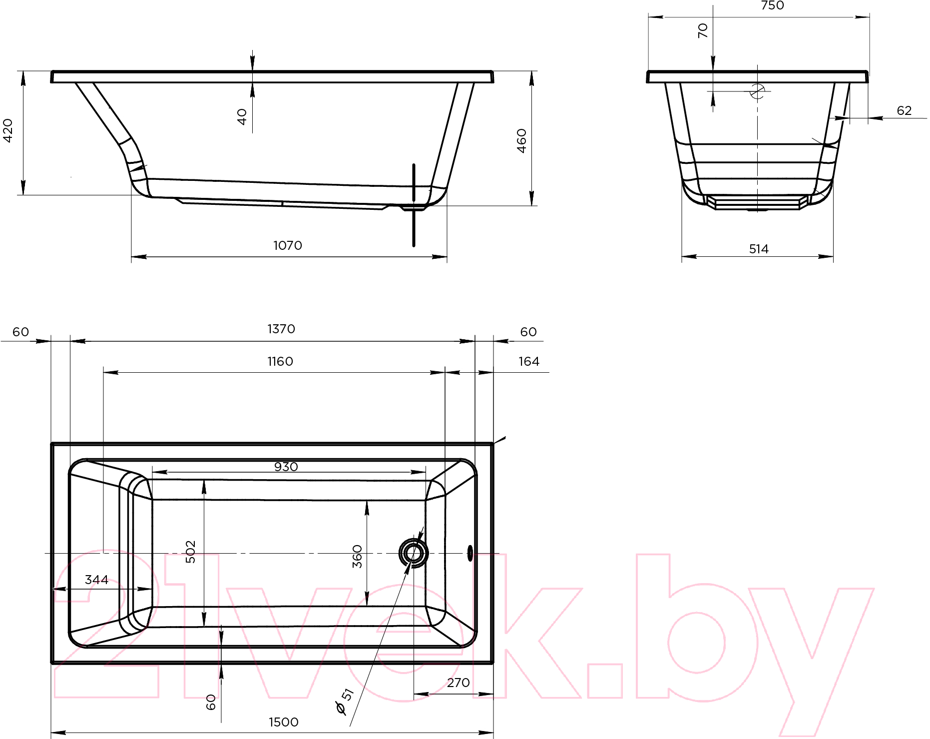 Ванна акриловая 1Марка Bianca 150x75