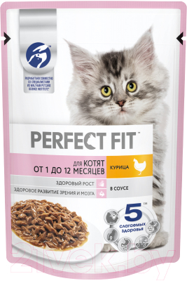 Влажный корм для кошек Perfect Fit Для котят от 1 до 12 месяцев с курицей в соусе (28x75г)