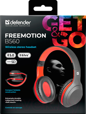 Изображение товара Беспроводные наушники Defender FreeMotion B560 / 63560 (черный/красный)