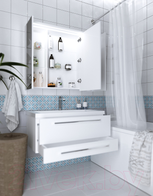 Шкаф с зеркалом для ванной 1Марка Соната 90 (с подсветкой, белый глянец)