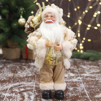 Фигура под елку Зимнее волшебство Дед Мороз в бело-золотистом костюме блеск с подарками / 6949630