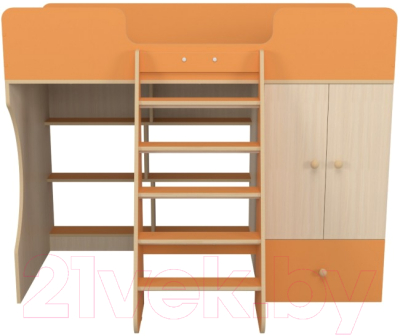 Кровать-чердак детская Можга Капризун 2 со шкафом / Р446 (оранжевый)