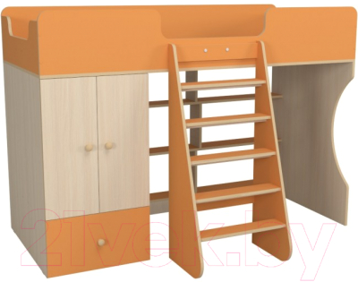 Кровать-чердак детская Можга Капризун 1 со шкафом / Р445 (оранжевый)