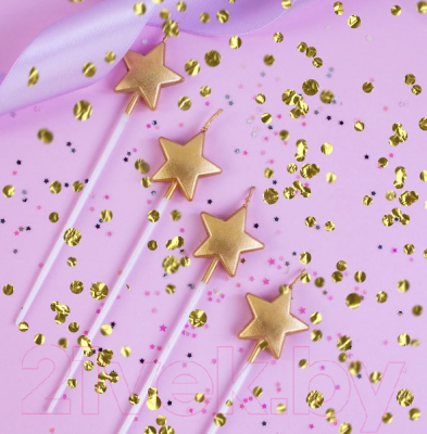 Набор свечей для торта Золотая сказка Звезды на длинных пиках / 591453 (4шт)