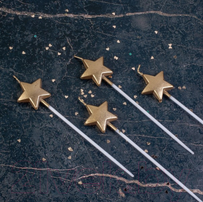 Набор свечей для торта Золотая сказка Звезды на длинных пиках / 591453 (4шт)