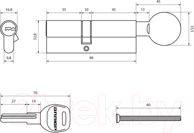 Цилиндровый механизм замка Аллюр HD FG 90-5K СP 35x10x45G вертушка перфорированный ключ (хром)