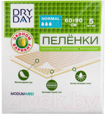 Набор пеленок одноразовых впитывающих Modum Dry Day Normal 60x90 (70шт)