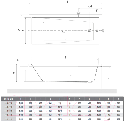 Ванна акриловая Roltechnik Kubic Neo Slim 160x80 / 9320SLM