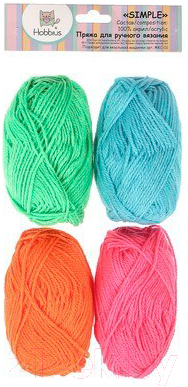 Набор пряжи для вязания Hobbius Simple 25г 66м (оранжевый/светло-розовый/голубой/зеленый, 4 мотка)