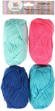 Набор пряжи для вязания Hobbius Simple 25г 66м (светло-розовый/бирюзовый/голубой/синий, 4 мотка)