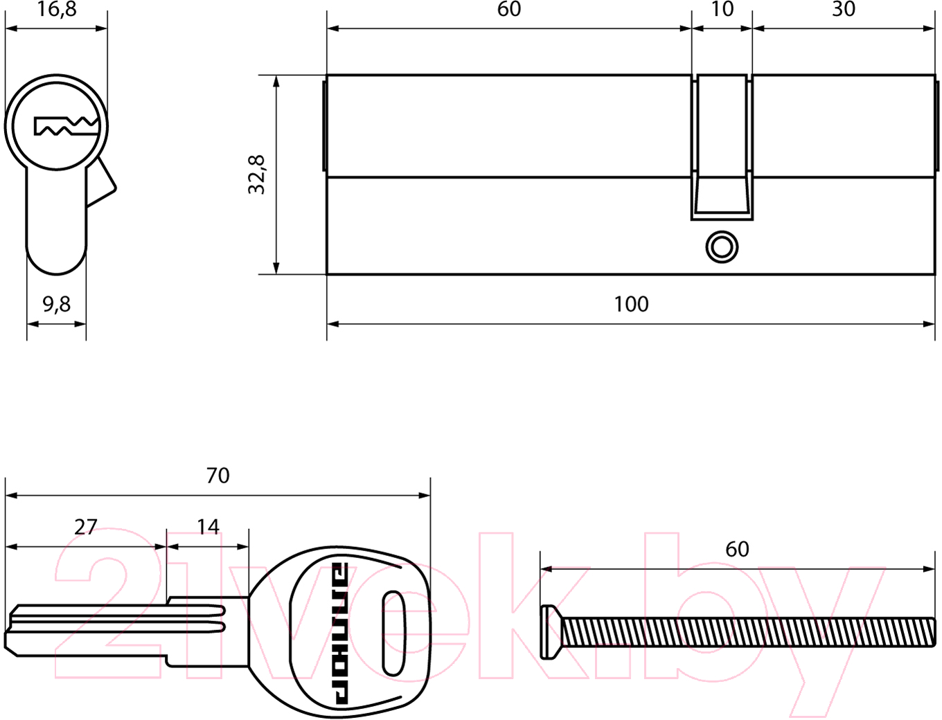 Цилиндровый механизм замка Аллюр HD F 100-5K BP 30x10x60 перфорированный ключ (латунь) — фото 2