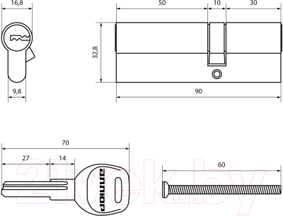 Цилиндровый механизм замка Аллюр HD F 90-5K BP 30x10x50 перфорированный ключ (латунь)