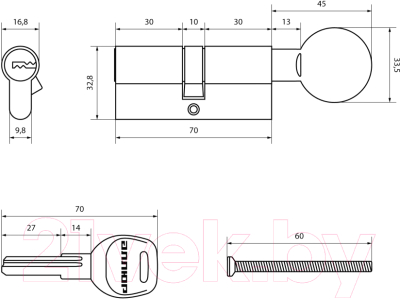 Цилиндровый механизм замка Аллюр HD FG 70-5K White вертушка перфорированный ключ (белый)