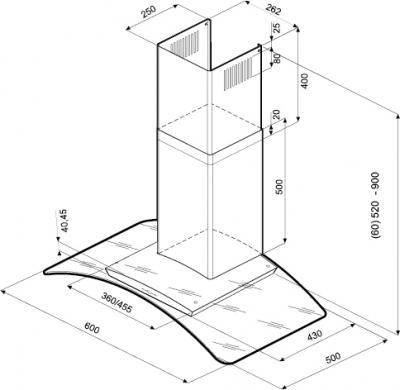 Вытяжка купольная Krona Scarlett Slim 5P 600 / 00013930 (нержавеющая сталь/стекло) - маштабный чертеж