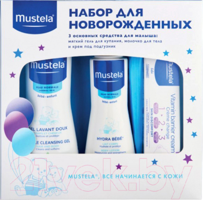 Набор косметики детской Mustela Гель д/купания500мл+молочко д/тела Hydra Bebe 300мл+крем 50мл