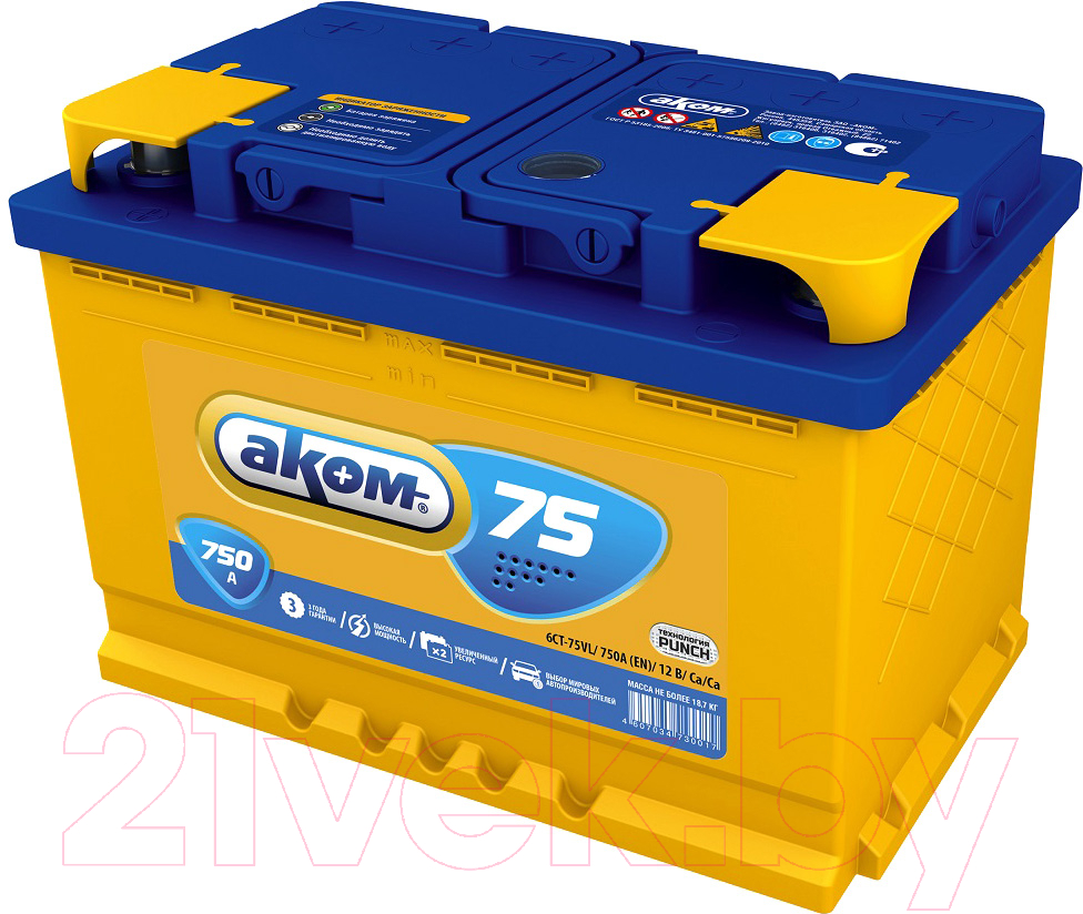 Автомобильный аккумулятор AKOM 6СТ-75 Евро R+ 750A