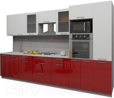 Кухонный гарнитур Интерлиния Мила Gloss 3.4 (белый/красный)