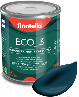 Краска Finntella Eco 3 Wash and Clean Valtameri / F-08-1-1-LG95 (900мл, темно-бирюзовый, глубокоматовый)