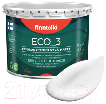 Краска Finntella Eco 3 Wash and Clean Lumi / F-08-1-3-FL134 (2.7л, белый, глубокоматовый)