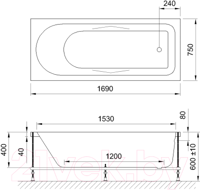 Ванна акриловая Royal Bath Tudor 170x75x60 / RB407701 (с ножками и экраном)