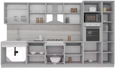 Кухонный гарнитур Интерлиния Мила Gloss 3.6 (белый глянец/керамика/травертин серый)