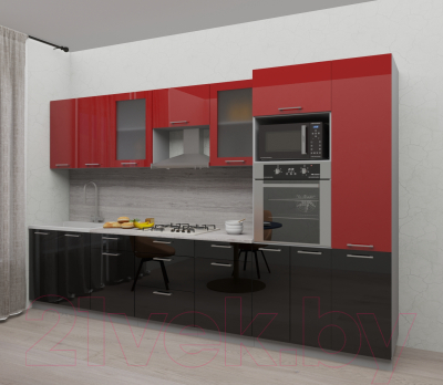 Готовая кухня Интерлиния Мила Gloss 3.4 (красный/черный)