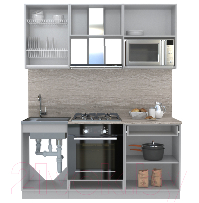 Готовая кухня Интерлиния Мила Gloss 1.7 (черный глянец/дуб вотан/травертин серый)