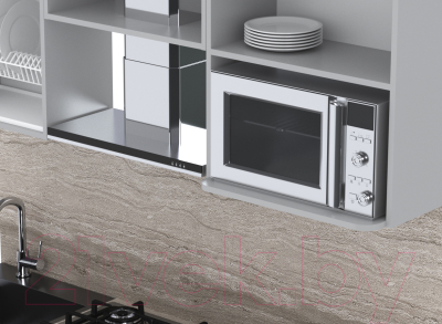 Кухонный гарнитур Интерлиния Мила Gloss 1.7 (белый софт/графит софт/травертин серый)