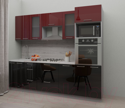 Кухонный гарнитур Интерлиния Мила Gloss 2.6 (бордовый/черный)