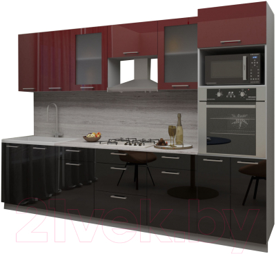 Кухонный гарнитур Интерлиния Мила Gloss 3.0 (бордовый/черный)