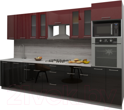 Кухонный гарнитур Интерлиния Мила Gloss 3.2 (бордовый/черный)