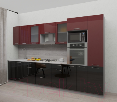Готовая кухня Интерлиния Мила Gloss 3.4 (бордовый/черный)