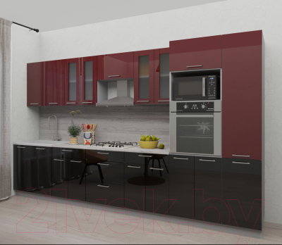 Кухонный гарнитур Интерлиния Мила Gloss 3.6 (бордовый/черный)