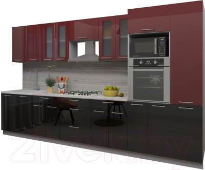 Кухонный гарнитур Интерлиния Мила Gloss 3.6 (бордовый/черный)