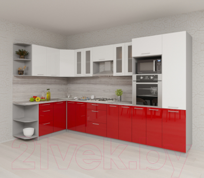 Кухонный гарнитур Интерлиния Мила Gloss 1.68x3.4 левая (белый/красный)