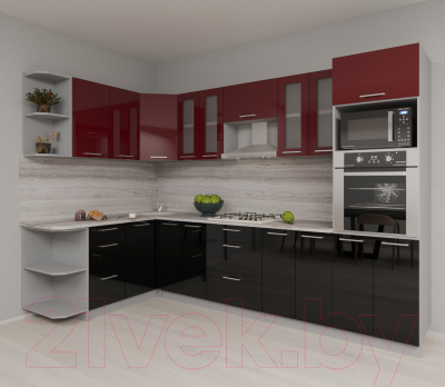 Кухонный гарнитур Интерлиния Мила Gloss 1.68x3.0 левая (бордовый/черный)