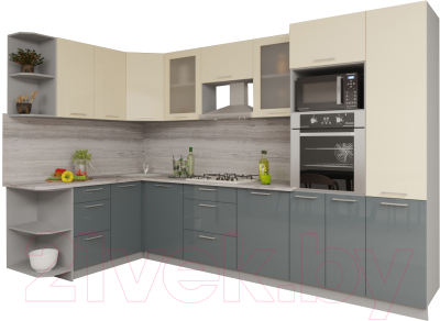 Кухонный гарнитур Интерлиния Мила Gloss 1.68x3.2 левая (ваниль/асфальт)
