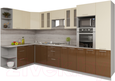 Кухонный гарнитур Интерлиния Мила Gloss 1.68x3.4 левая (ваниль/шоколад)