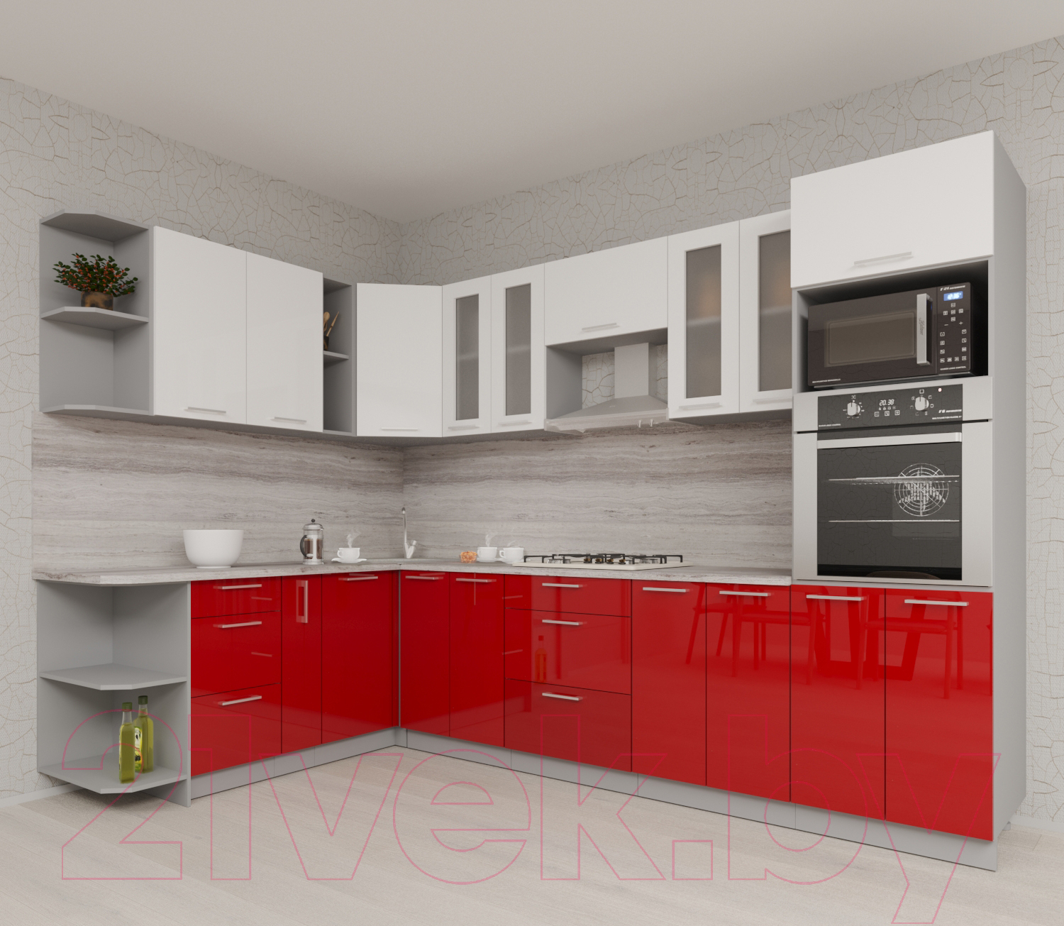 Кухонный гарнитур Interline Мила Gloss 1.88x3.0 левая (белый/красный) — фото 2