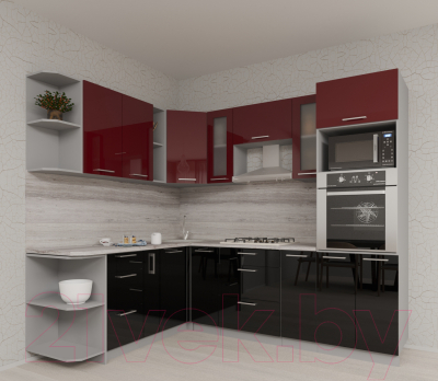 Готовая кухня Интерлиния Мила Gloss 1.88x2.4 левая (бордовый/черный)