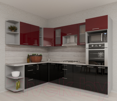 Кухонный гарнитур Интерлиния Мила Gloss 1.88x2.8 левая (бордовый/черный)