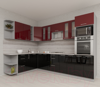 Готовая кухня Интерлиния Мила Gloss 1.88x3.0 левая (бордовый/черный)